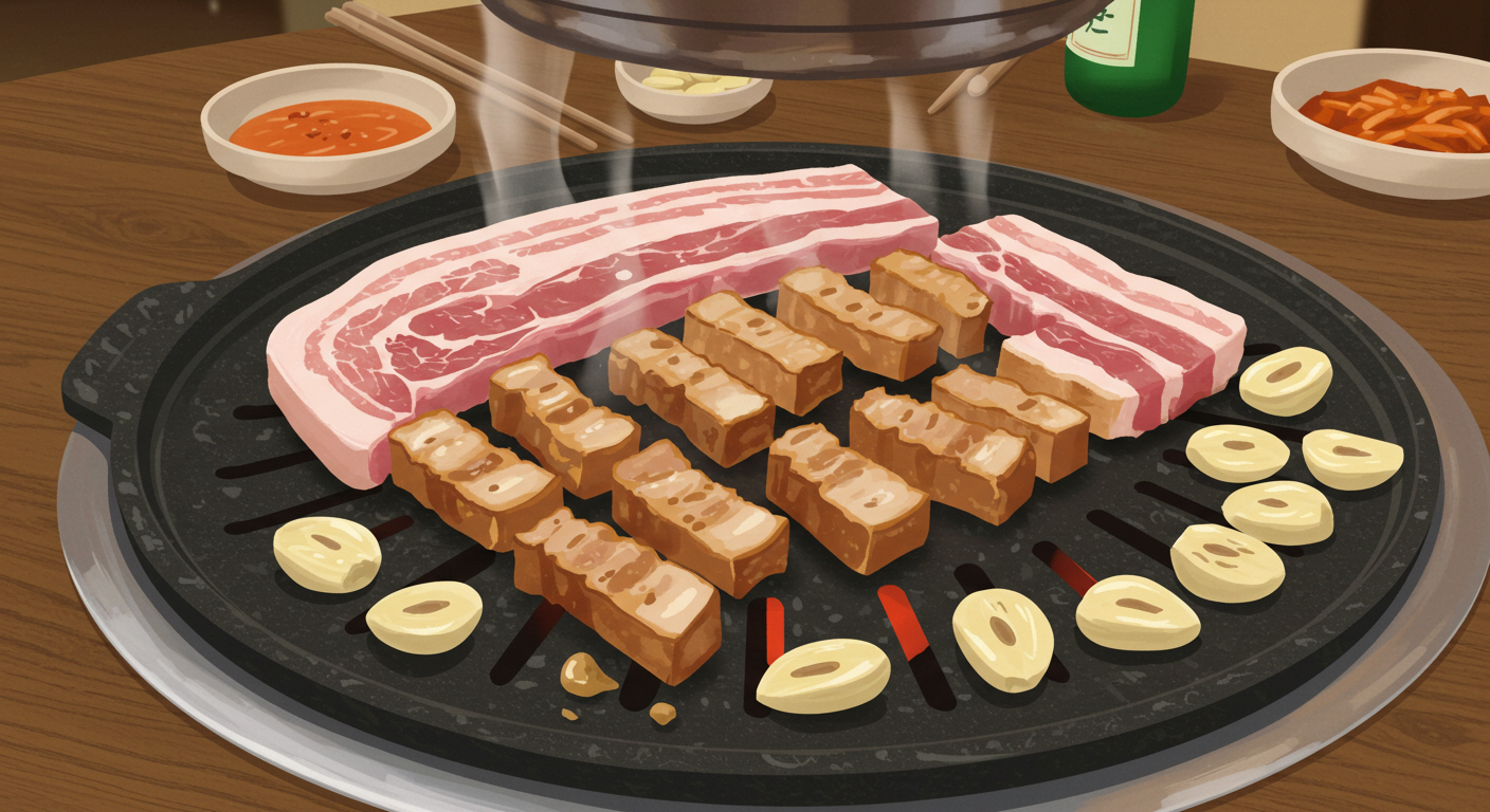 삼겹살 위에 마늘을 구워 먹는 모습