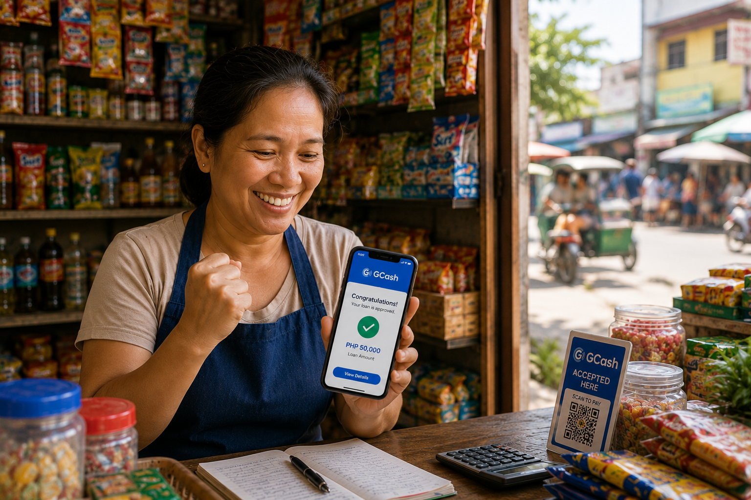 GCash 사용을 통해 금융서비스를 경험하는 필리핀 소상공인을 설명합니다. 
※ 본 이미지는 생성형 AI로 제작된 참고용 자료입니다.