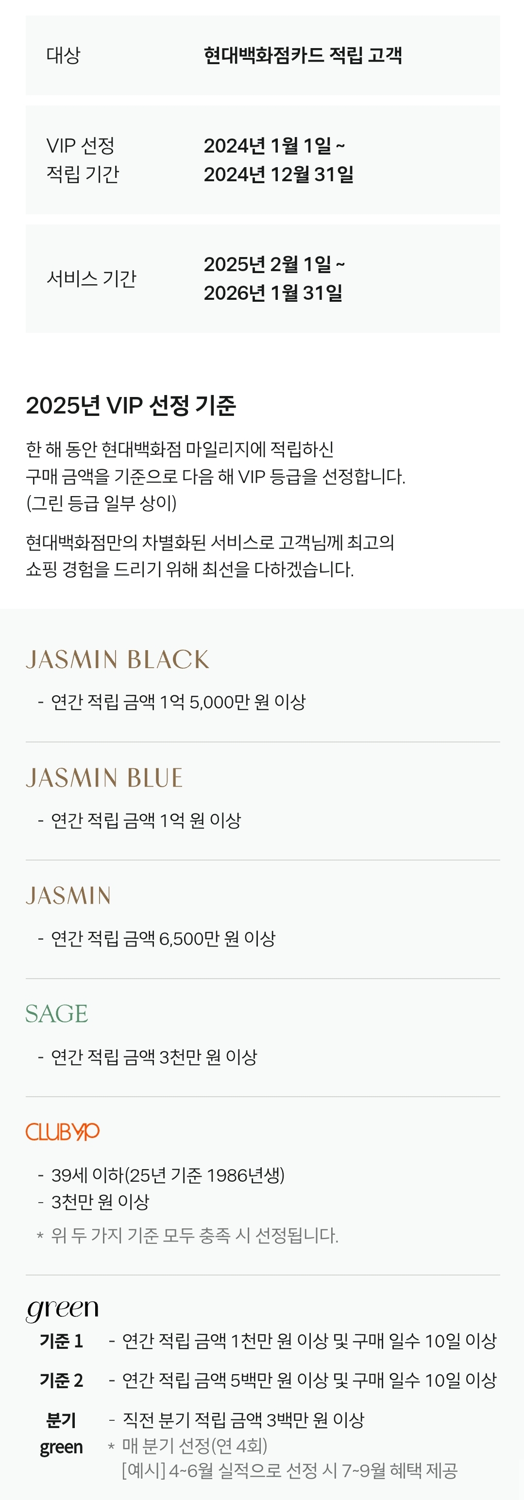 현대백화점 VIP 2025년 선정 기준