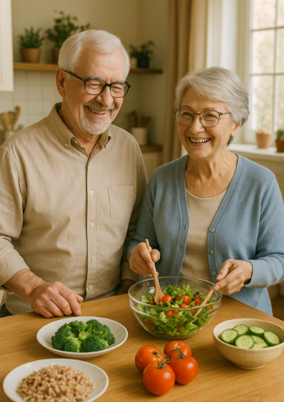 노년 부부가 미소를 지으며 식사 준비 중인 장면