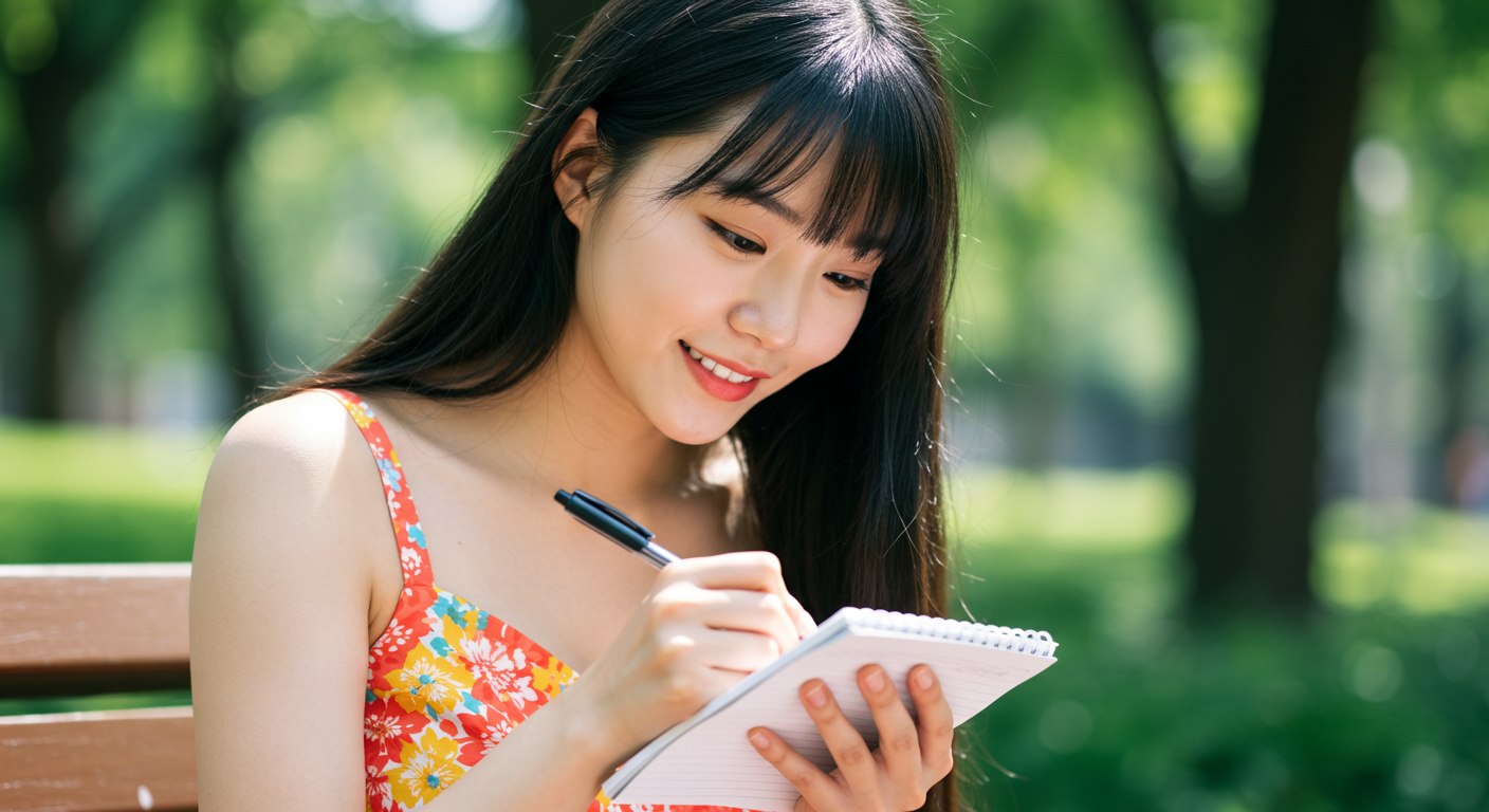 메모지에 그림을 그리고 있는 한국여성.