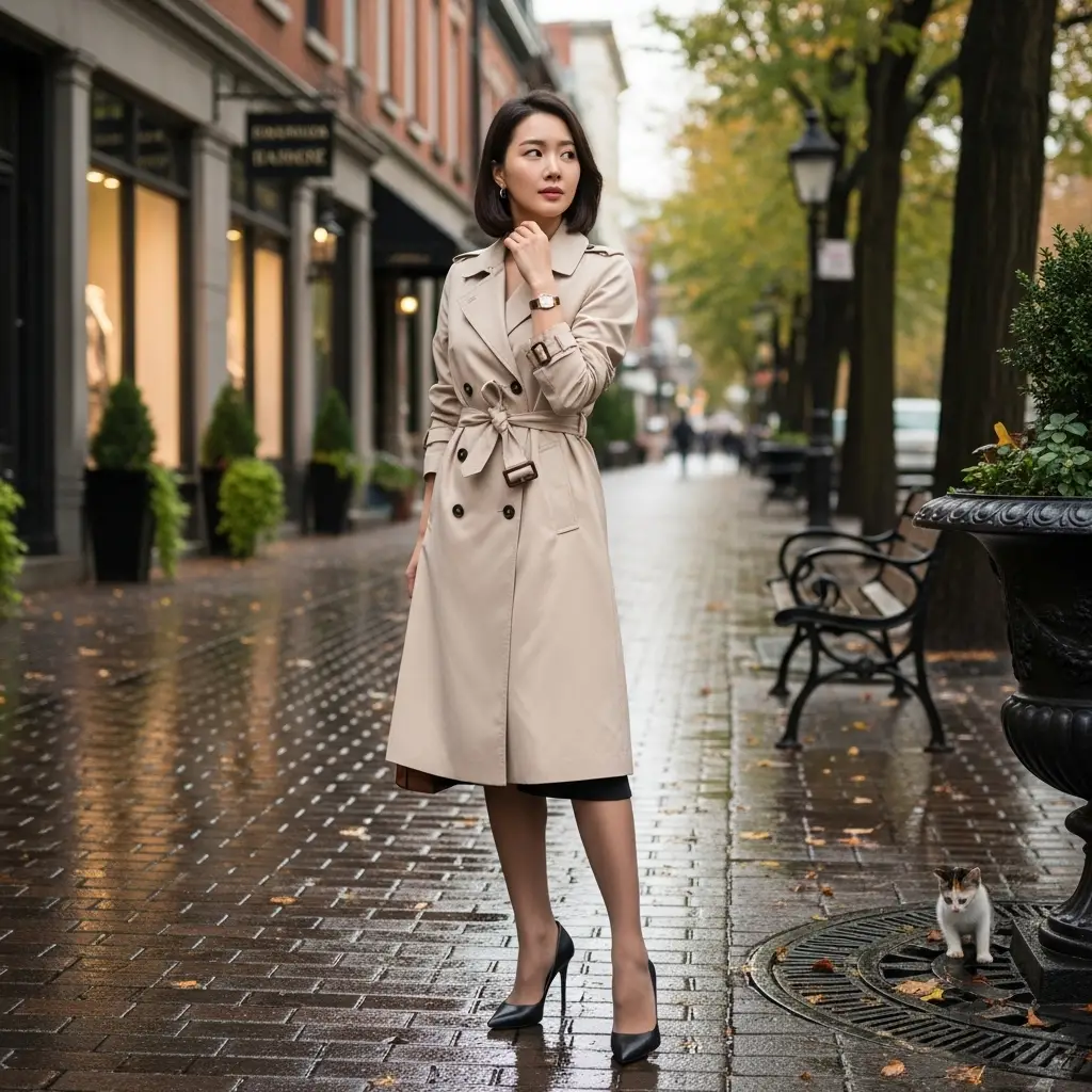 가을비가 내린 토론토의 고풍스러운 거리에서 트렌치코트를 입고 서 있는 우아한 한국 여성