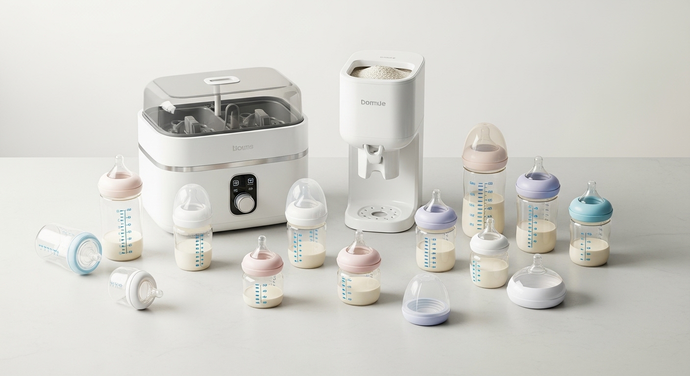 깔끔하게 정돈된 젖병, 젖병 소독기, 분유 포트 등 수유 용품이 놓인 모습, 초보 부모의 편리한 수유 준비를 위한 필수템.