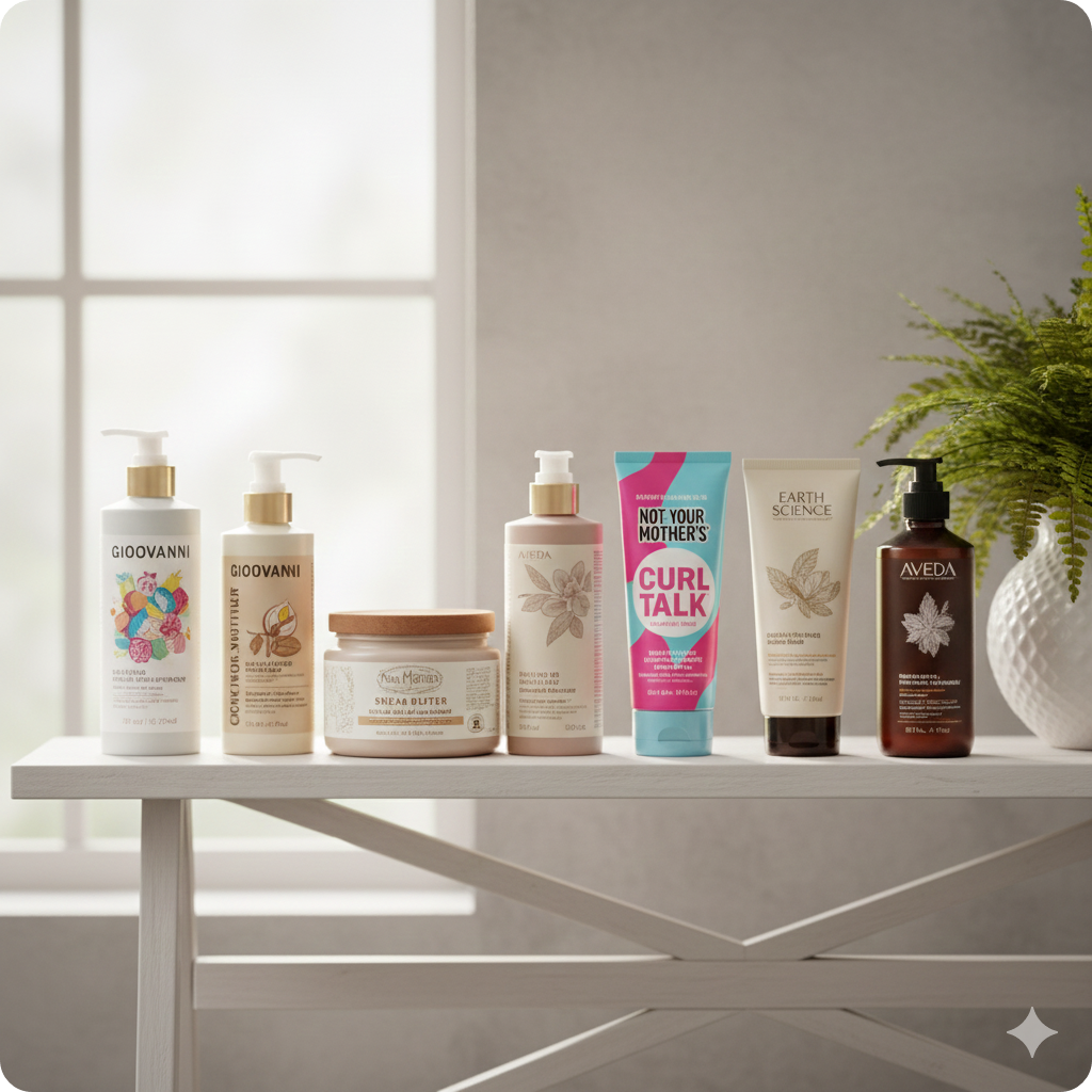욕실 선반에 깔끔하게 정돈된 해외 인기 곱슬머리 제품들. 자연광 아래 고급스러운 느낌.