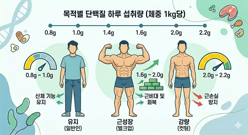 목적별 단백질 하루 섭취량 비교 가이드 벌크업 vs 다이어트 근손실 방지 영양학 인포그래픽