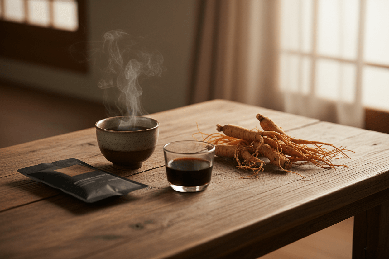 반반으로 나뉜 테이블 위에 한쪽에는 따뜻한 흑염소 진액이 담긴 잔과 파우치, 다른 쪽에는 홍삼 농축액과 홍삼 뿌리가 놓여 있어 두 보양식을 비교하는 느낌의 이미지