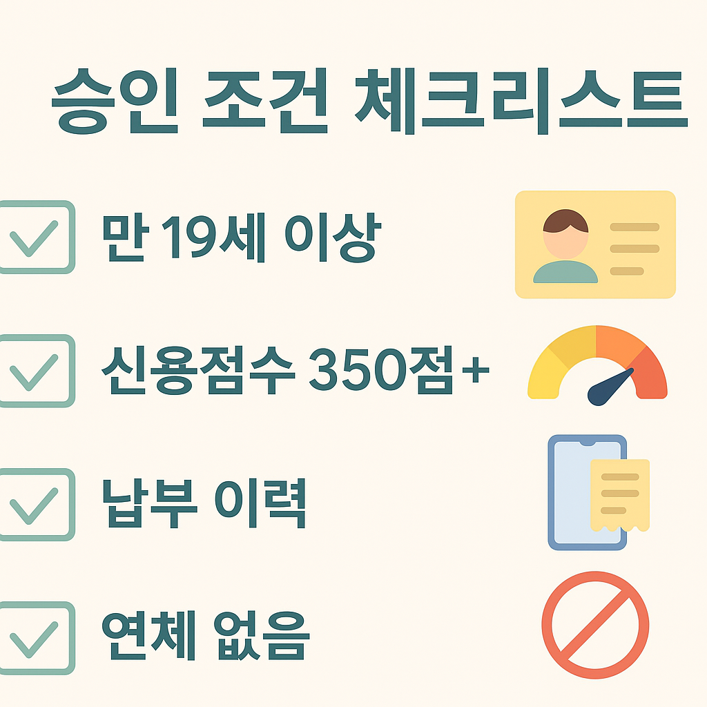 무직자 대출을 받기 위해 필요한 기본 승인 조건을 체크리스트 형태로 제시한 인포그래픽 이미지입니다. 연체 이력, 신용점수 기준, 나이 제한 등의 핵심 요소가 포함되어 있습니다.