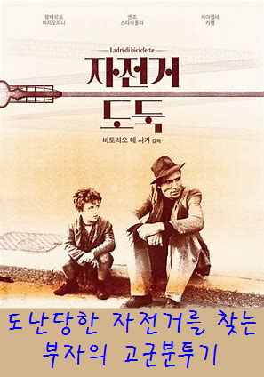 자전거 도둑-정중앙에는 연석에 걸터 앉아 있는 아들과 아버지의 모습-왼쪽이 아들-오른쪽이 아버지-몸도 마음도 지친 모습