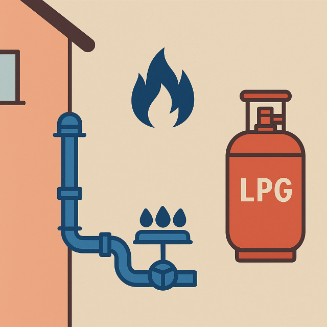 도시가스 배관과 LPG 실린더를 나란히 비교하는 일러스트, 왼쪽은 건물 벽에 연결된 파란 배관과 가스 불꽃, 오른쪽은 빨간색 LPG 가스통