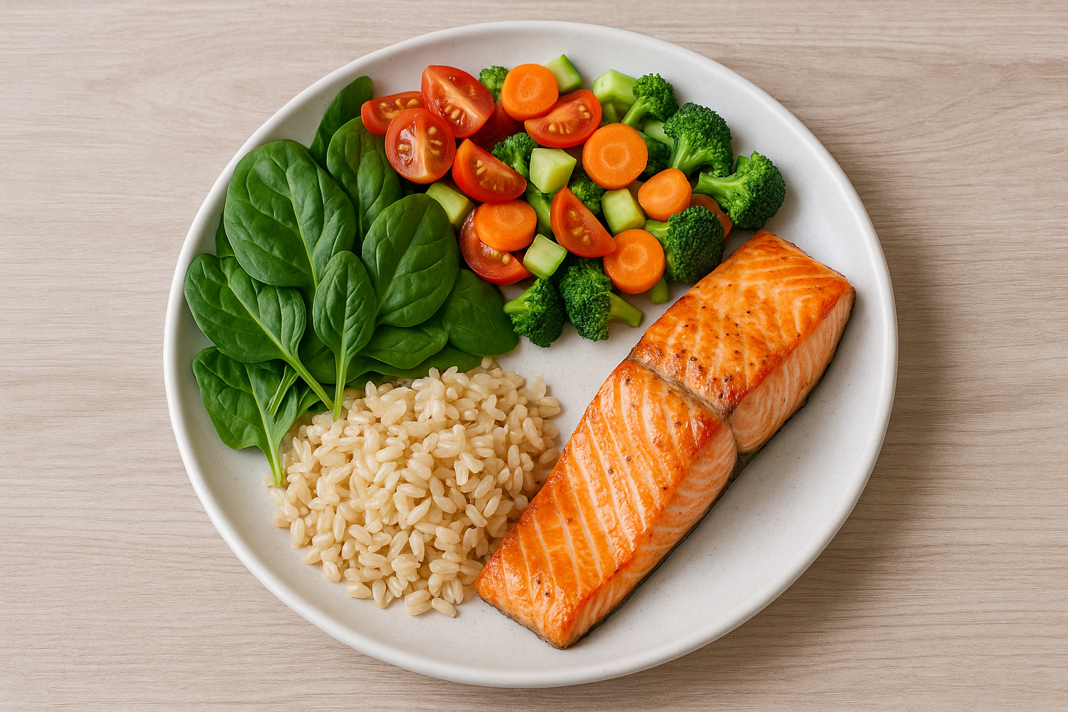 연어, 시금치, 현미, 채소로 구성된 건강한 한 끼 식사를 담은 접시