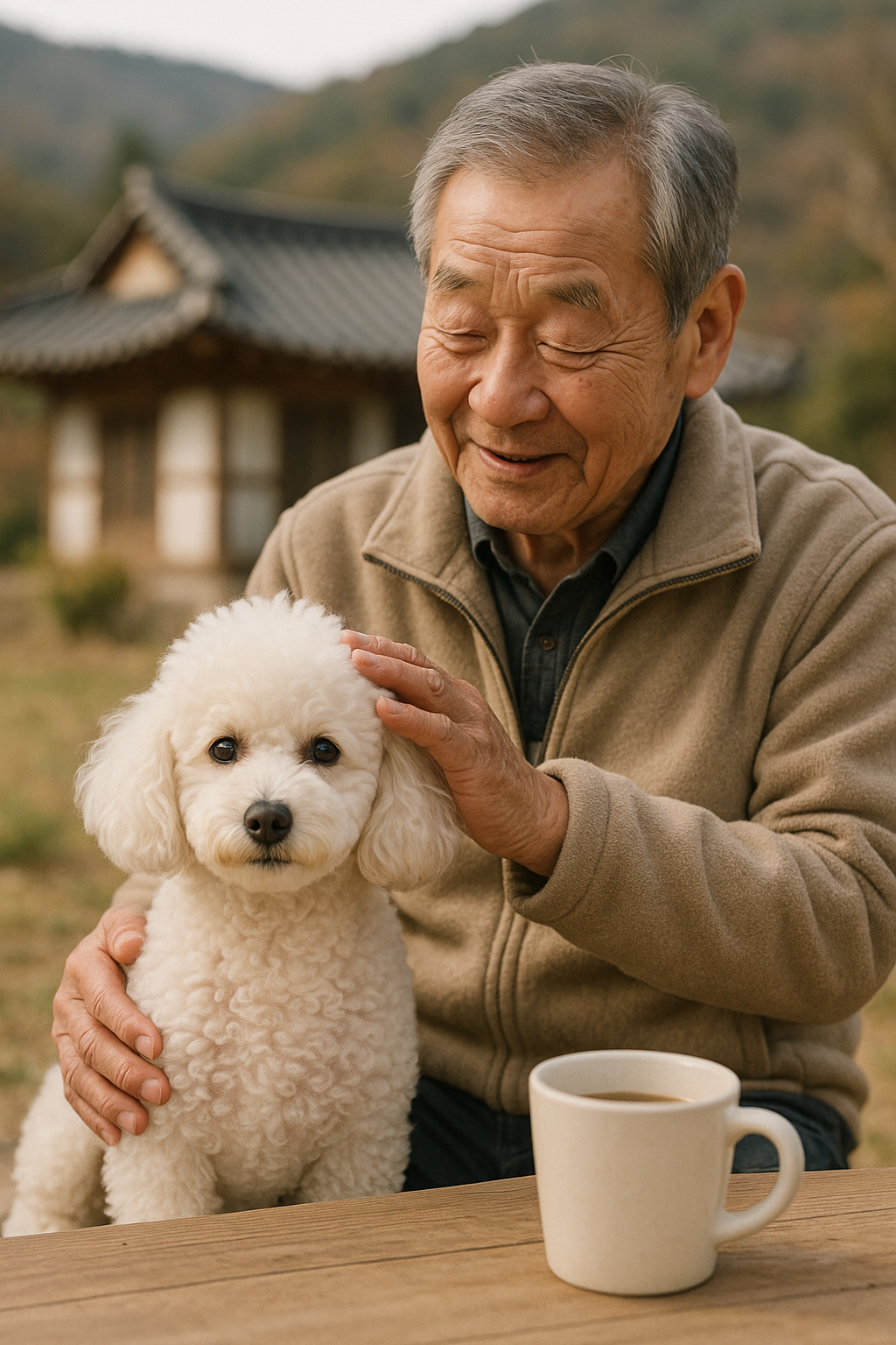 할아버지와 흰색푸들이 마당에서 교감을 이루는 사진