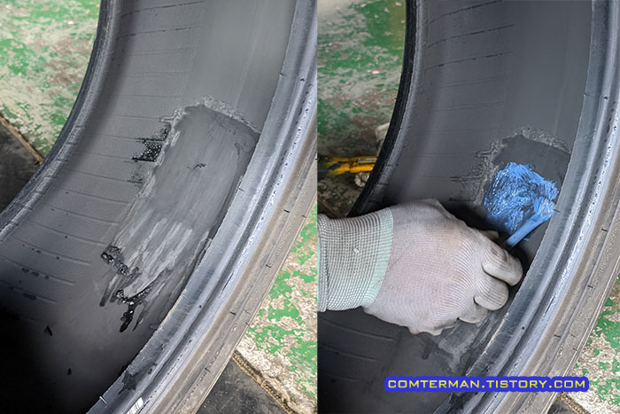 타이어 패치 수리 접착제 도포