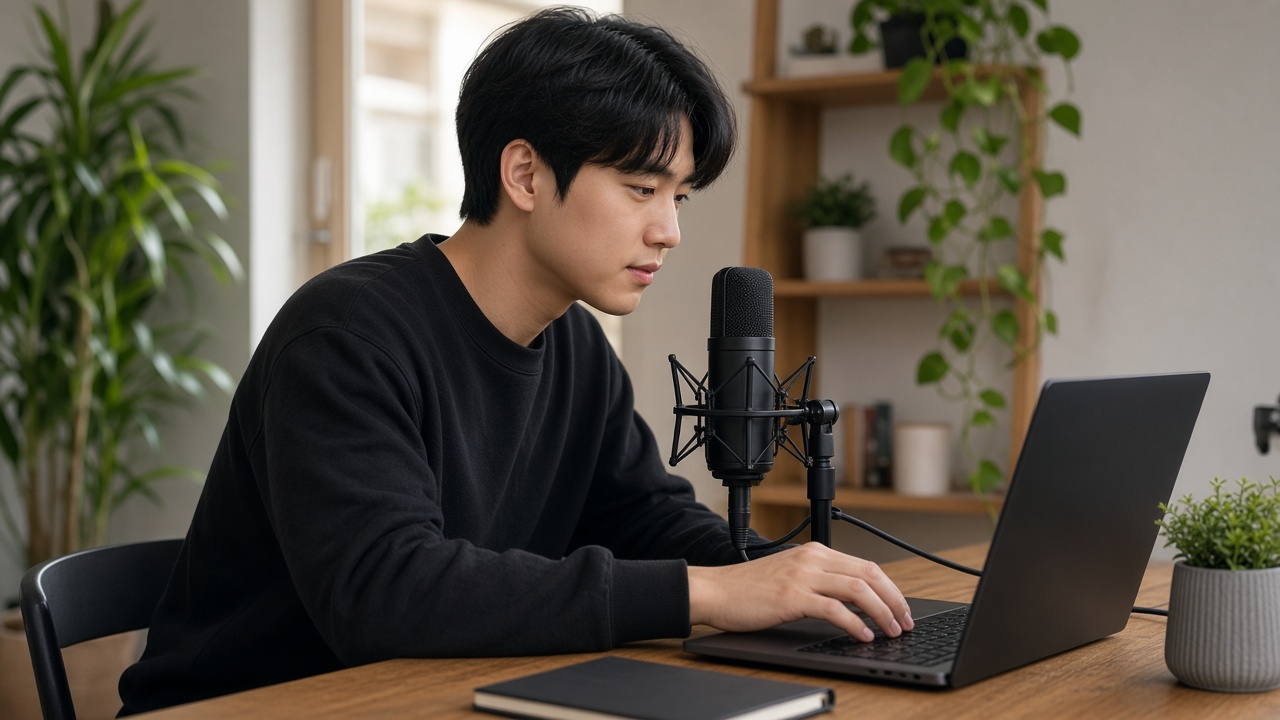 홈스튜디오 책상에 마이크와 노트북을 세팅한 한국인 남성 유튜버