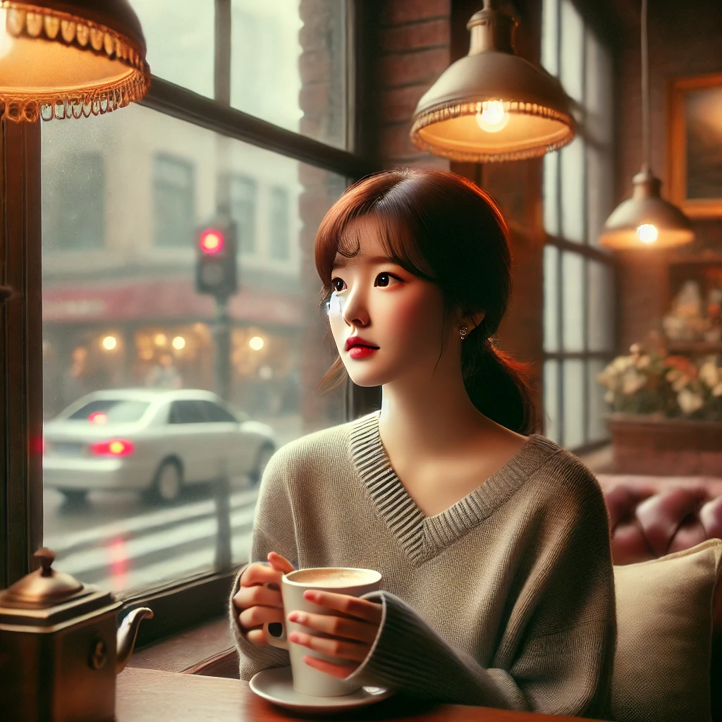 아늑한 카페에서 창밖을 보며 커피를 들고 몽상적인 표정을 짓는 젊은 여성