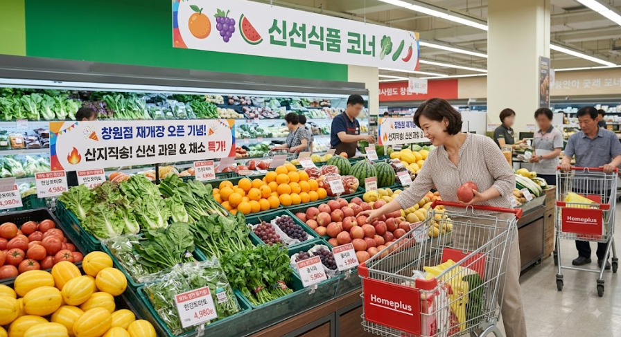 신선 과일·채소 매대: "색감이 다채로운 신선한 과일과 채소가 깔끔하게 진열된 마트 신선식품 코너에서 주부 고객이 상품을 고르는 밝은 분위기의 사진