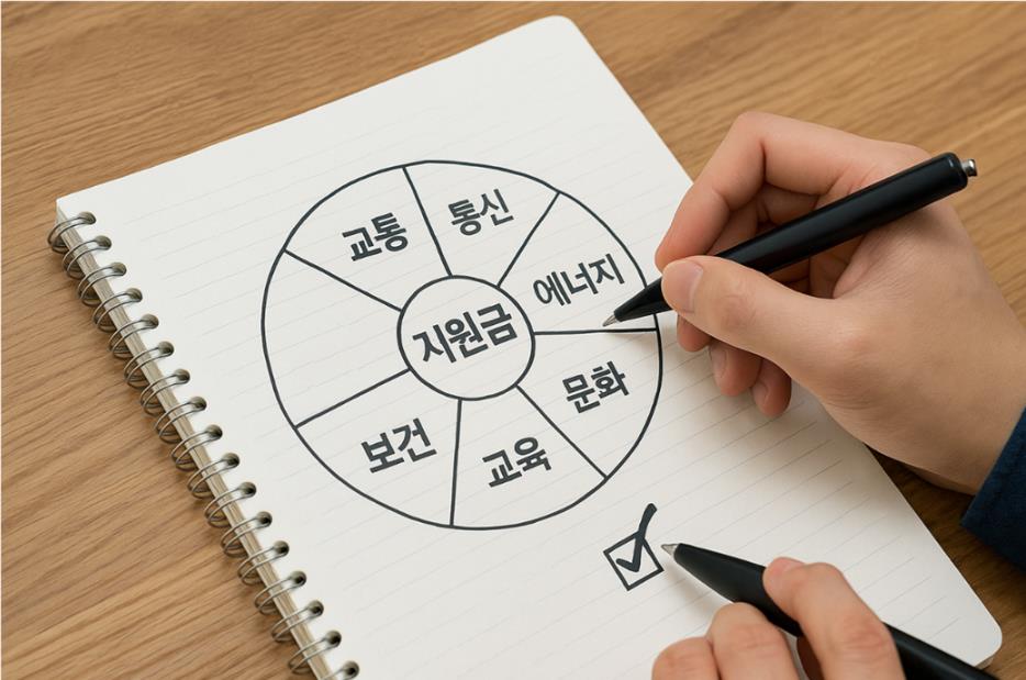 정부지원금을 교통&middot;통신&middot;에너지&middot;문화&middot;교육&middot;보건 등 생활 지출 카테고리별로 나누어 체크하는 모습