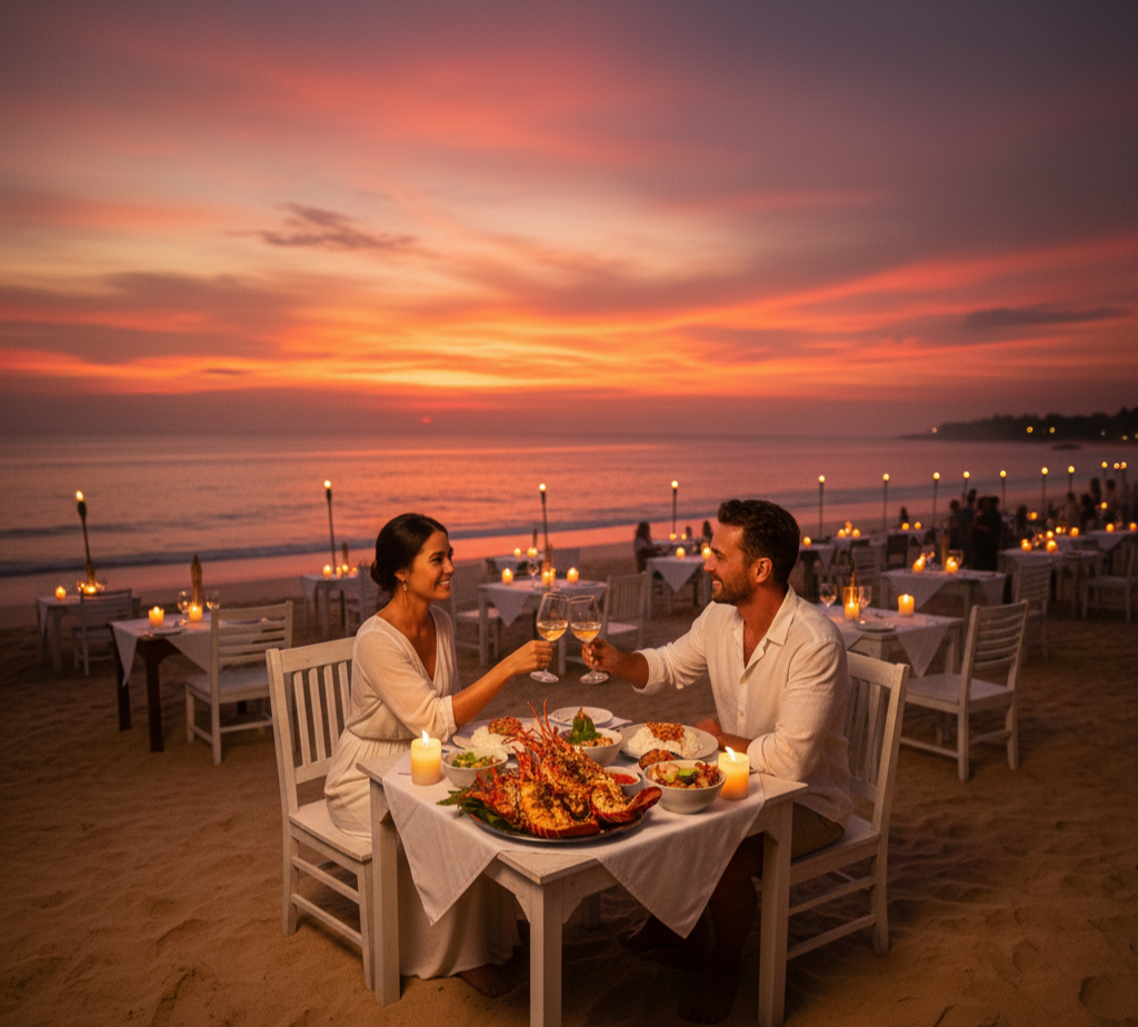 발리 짐바란 해변에서 석양을 바라보며 식사하는 테이블 풍경