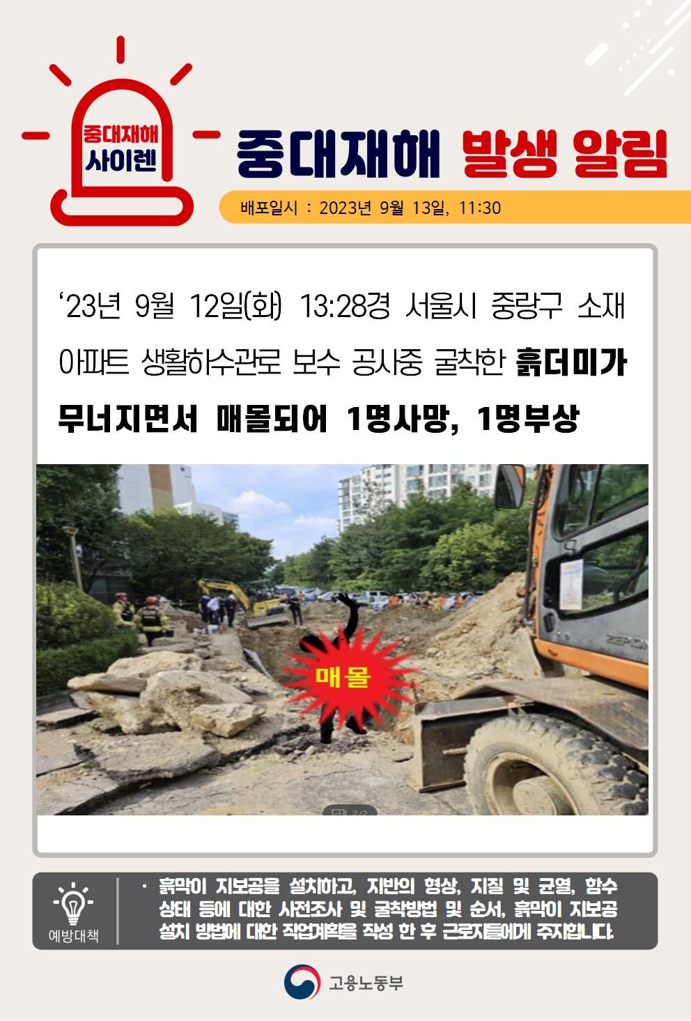 생활하수관로 보수공사 중 매몰