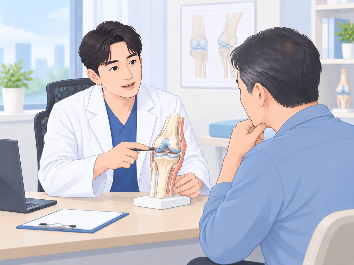 의사가 무릎 관절 모형의 연골 부위를 펜으로 가리키며 중년 남성에게 설명하는 장면