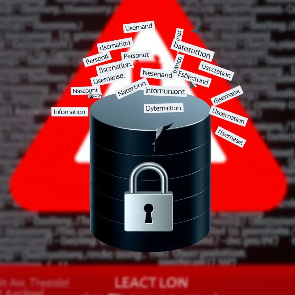 자물쇠가 열려 있거나 깨져 있는 모습의 데이터베이스 아이콘 위에 사용자 이름, 전화번호, 계좌 정보 등 개인정보를 상징하는 단어들이 흩뿌려져 날아가는 모습을 표현합니다. 배경에는 붉은색 경고 표시나 흐릿한 오류 메시지들이 깔려 있어 긴급성을 부여합니다.