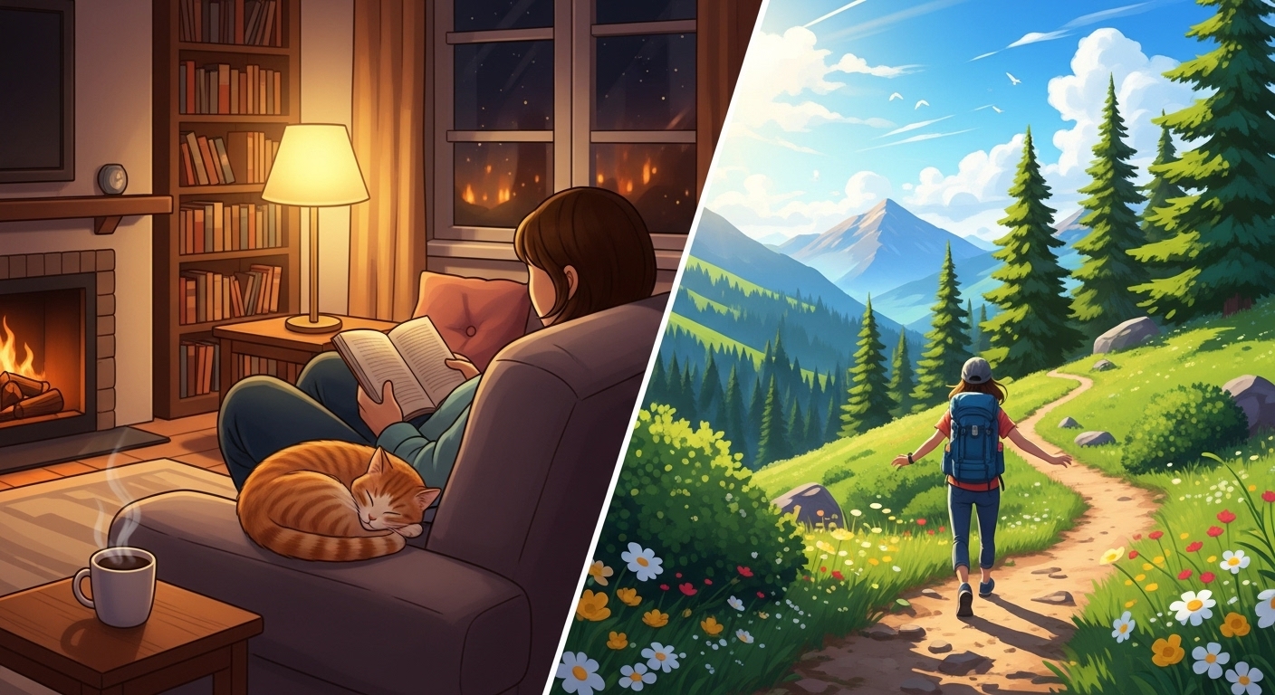 집에서 편안하게 휴식을 취하는 모습과 야외에서 활기차게 활동하는 모습을 대비시킨 이미지. MBTI 유형에 맞는 집순이, 밖돌이 주말 활동을 상징한다.