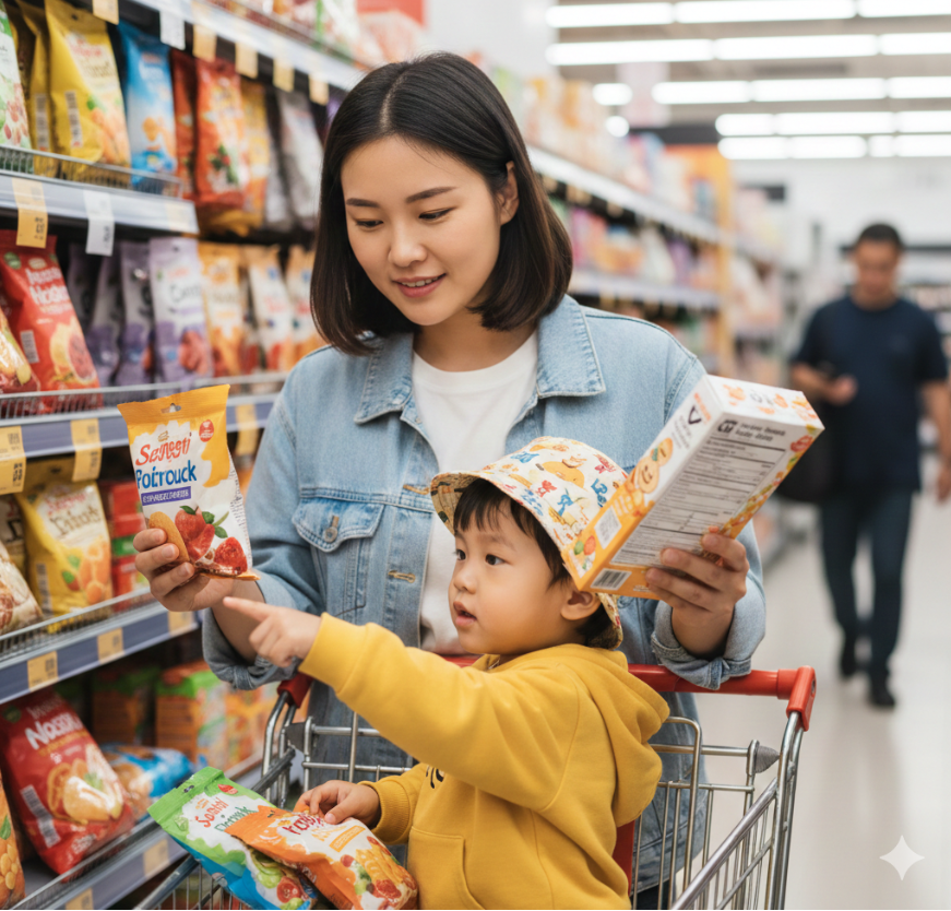 엄마가 마트에서 아이 간식을 고르며 성분표를 확인하는 모습