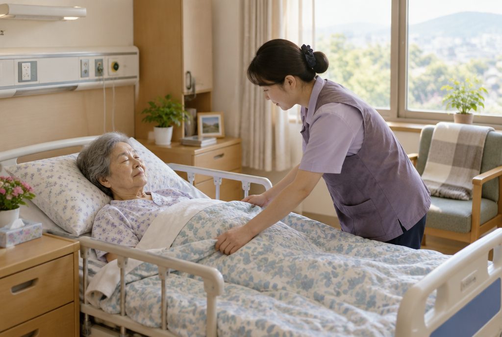 요양병원 병실에서 쉬고 있는 어르신과 간병인