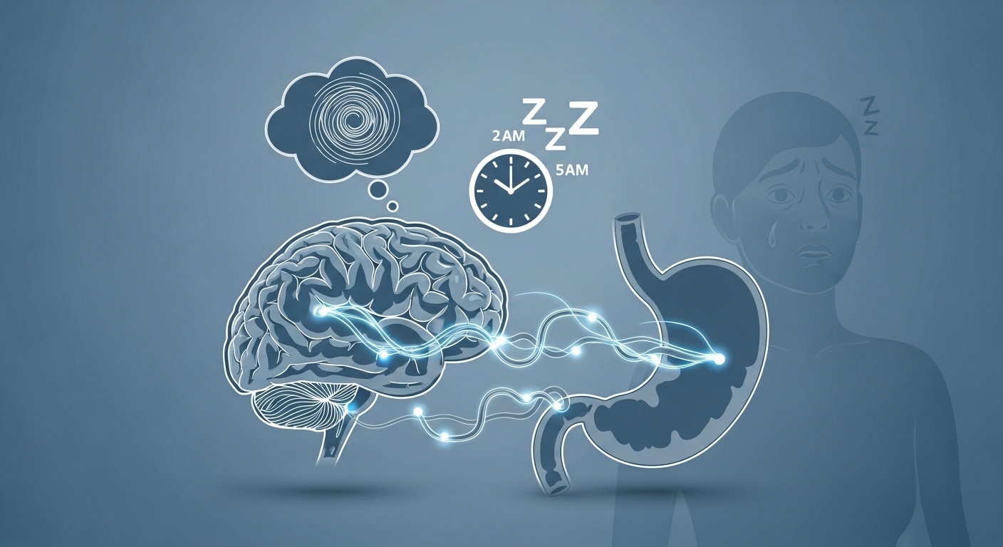 수면 부족과 스트레스가 뇌와 장에 영향을 미쳐 체중 감량을 방해하는 과정을 시각적으로 보여주는 추상적인 일러스트.