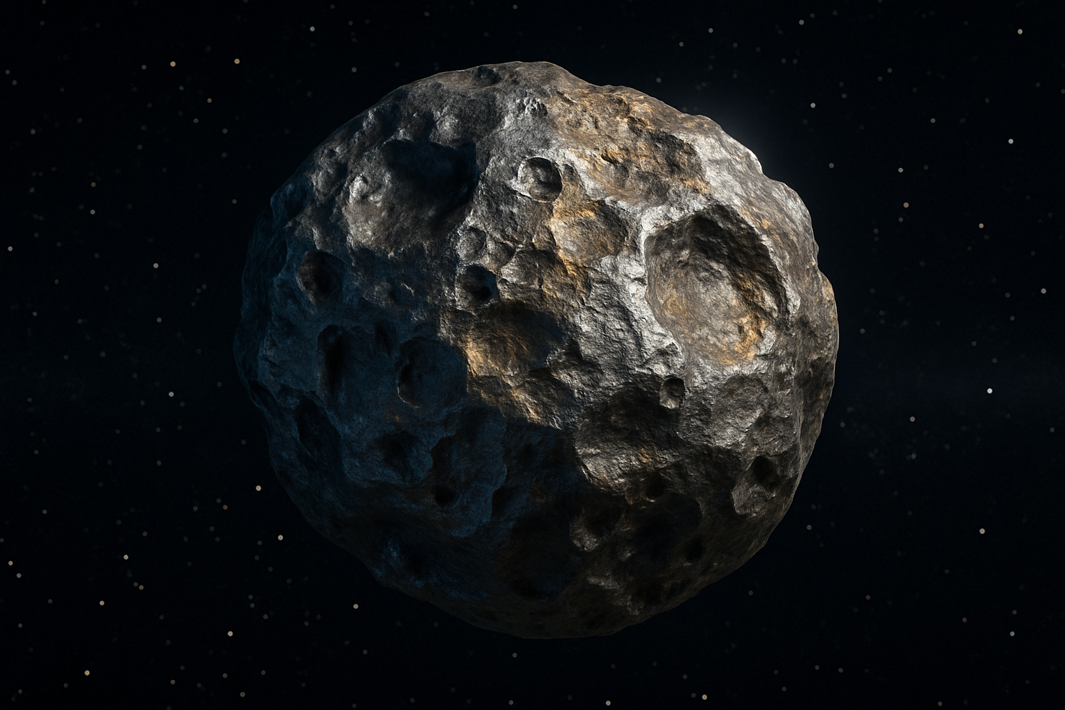 우주 공간에 떠 있는 금속이 풍부한 소행성의 모습