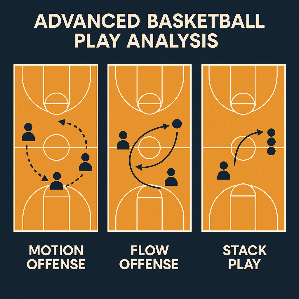 고급 농구 전술 분석 이미지: 모션 오펜스, 플로우 오펜스, 스택 플레이 전술을 코트 다이어그램으로 나타낸 인포그래픽