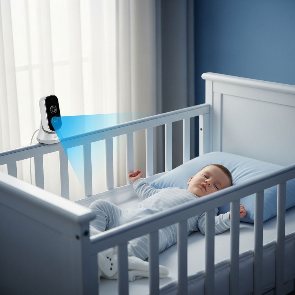 아늑한 아기 방 침대에서 편안하게 잠든 아기와 아기를 지켜보는 클래식 블루 컬러의 세련된 스마트 베이비 모니터. 아기의 안전을 상징하는 따뜻하고 평화로운 분위기.
