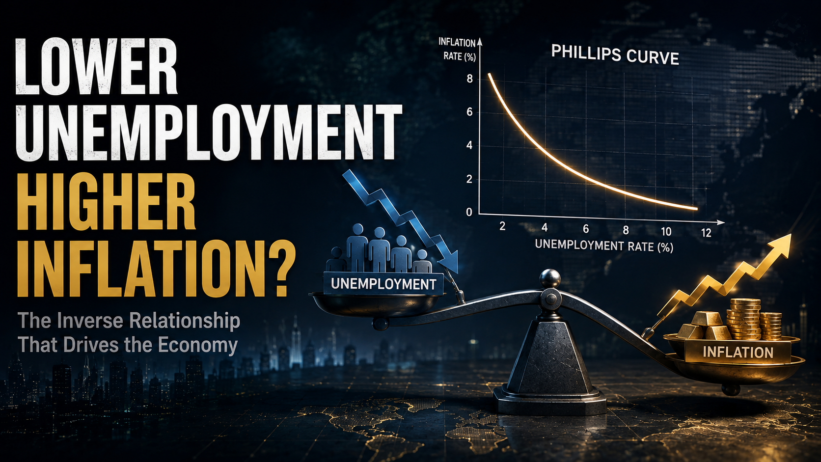 Financial infographic illustrating the inverse relationship between lower unemployment and higher inflation in the Phillips Curve.