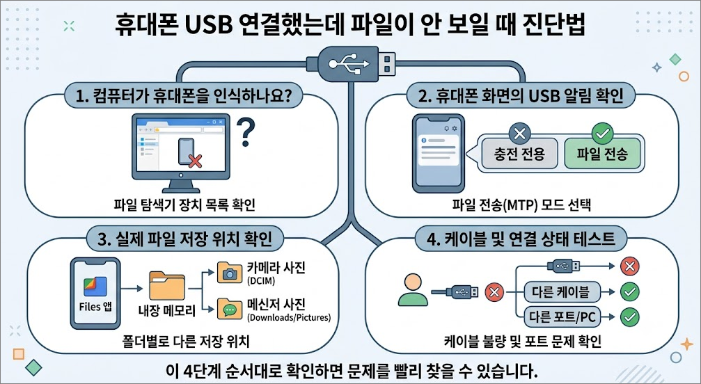 USB로 휴대폰을 연결했는데 파일이 안 보일 때 진단법