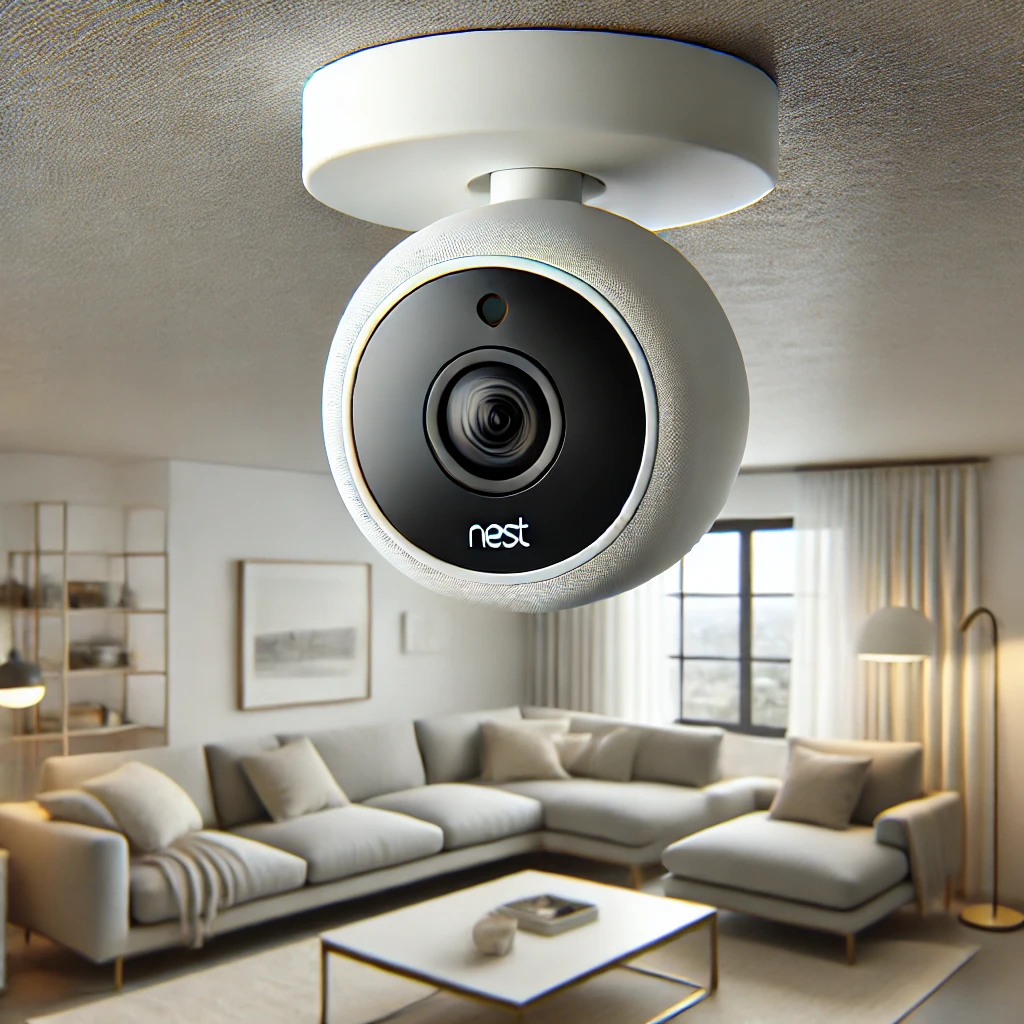 Nest 스마트 보안 카메라가 미니멀한 거실의 흰색 천장에 설치된 모습&amp;#44; 원형 렌즈와 양방향 통신이 가능한 마이크가 포함된 디자인&amp;#44; 부드러운 조명과 중성 색상 팔레트로 꾸며진 세련된 거실 분위기