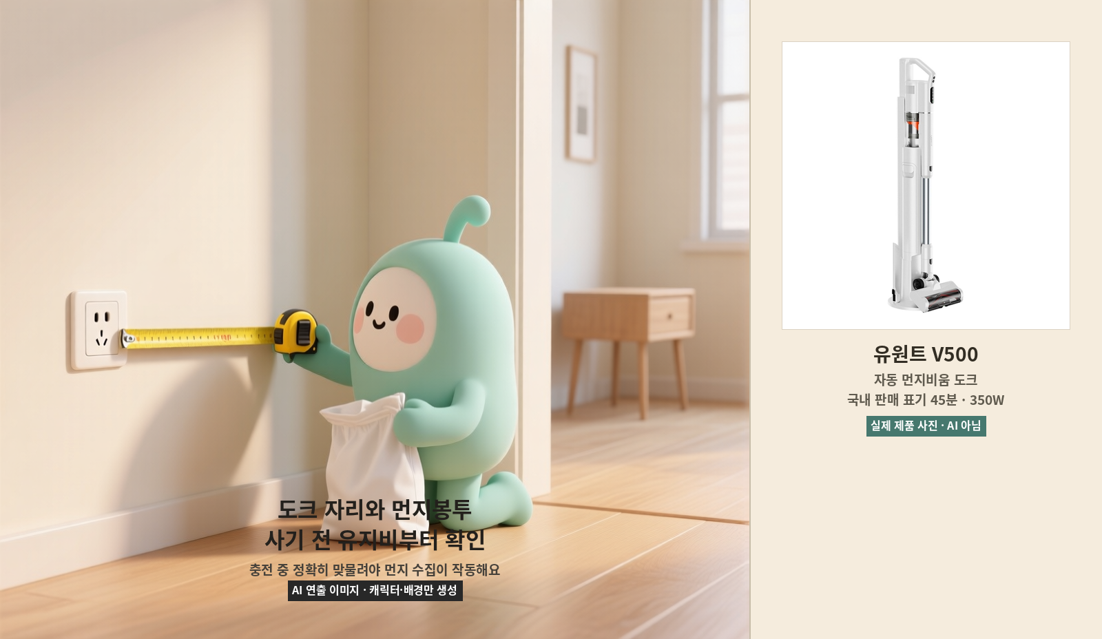 유원트 V500 충전 도크를 놓을 콘센트와 바닥 공간을 재는 AI 연출 이미지와 실제 제품 사진