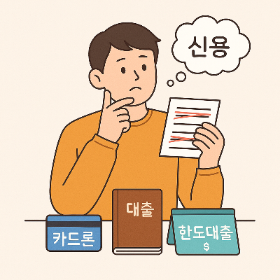 카드론, 마이너스통장, 신용대출 상환 우선순위를 고민하며 스마트폰으로 대출 정보를 비교하는 청년의 일러스트