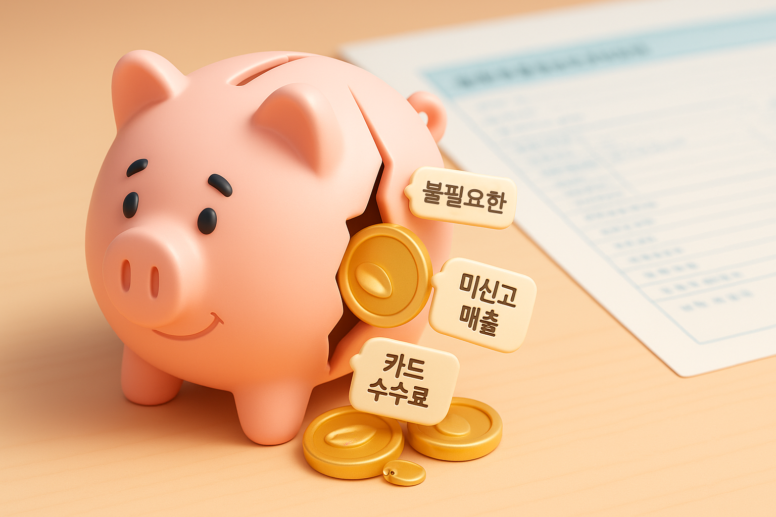 카드 수수료, 미신고 매출 등의 라벨이 붙은 틈으로 동전이 새어 나가는 깨진 돼지 저금통