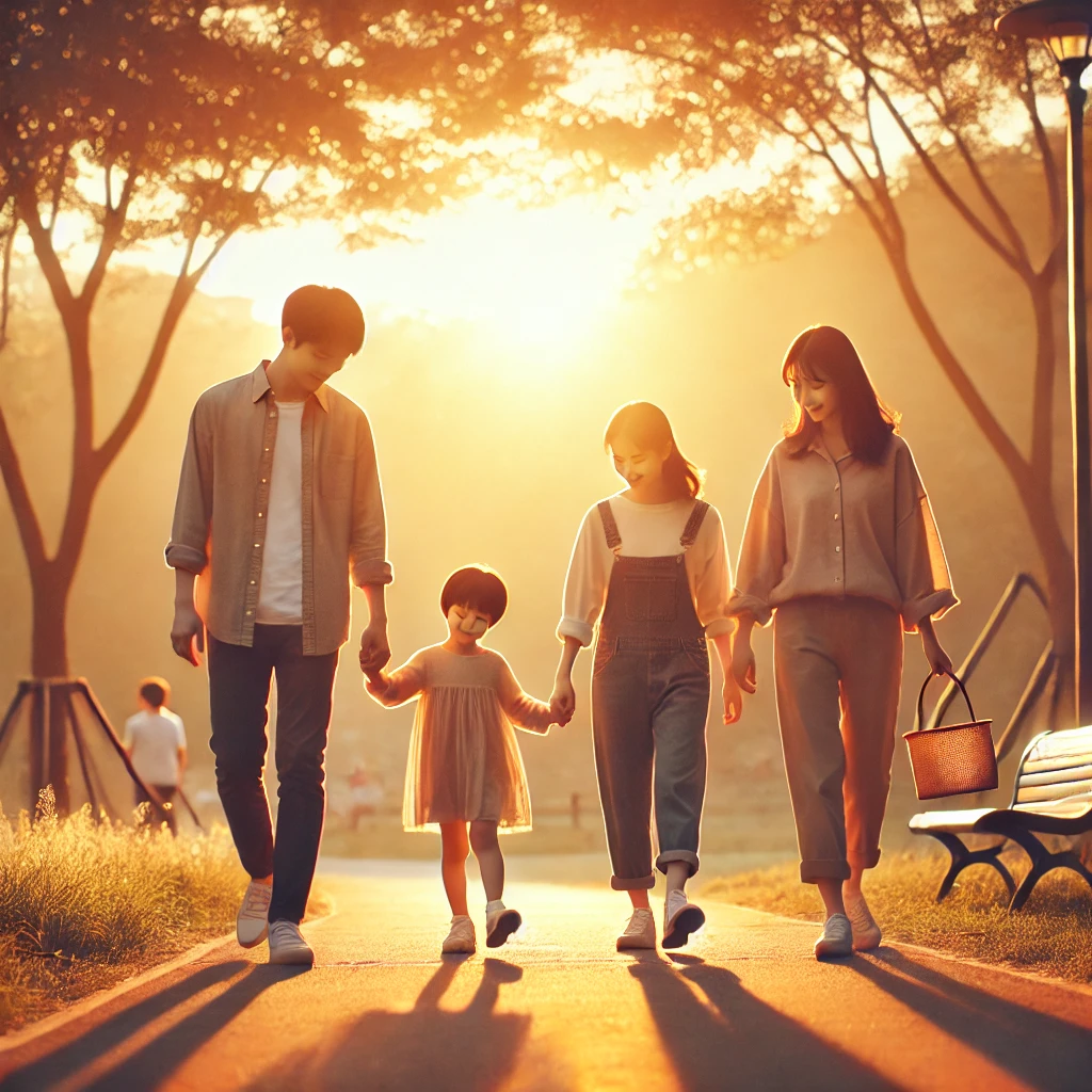 가족이 공원에서 함께 산책하는 모습. 부모가 아이들의 손을 잡고 걸으며 사랑과 안정감을 제공하는 장면. 따뜻한 황혼빛이 나무 사이로 비치는 평화로운 분위기.