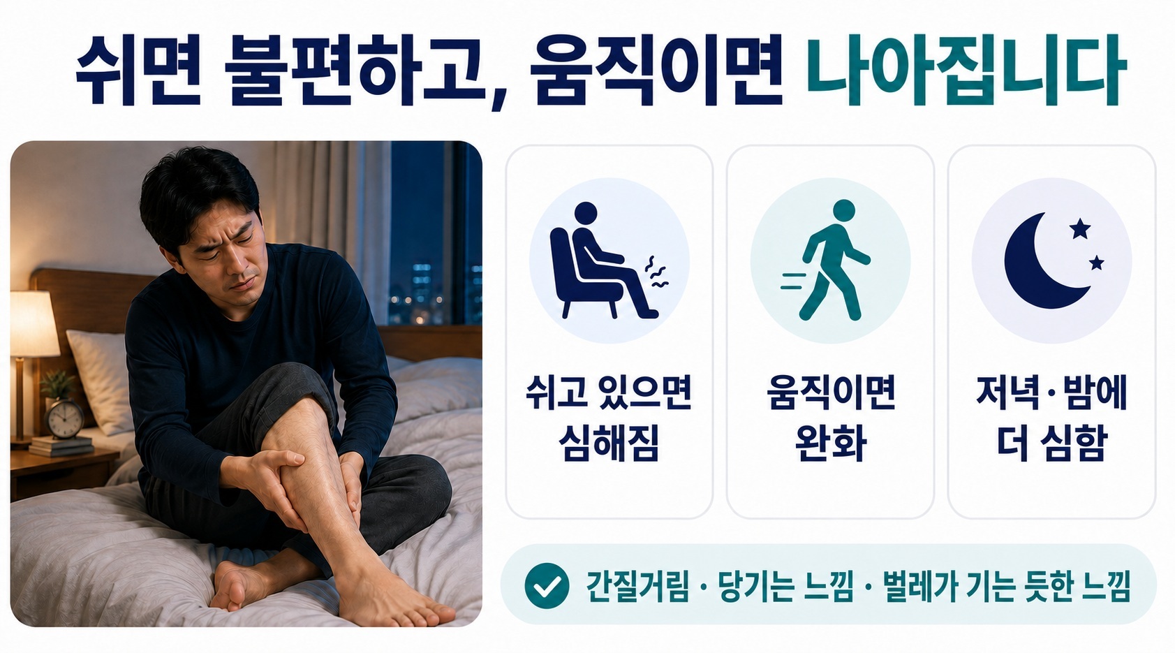 하지불안증후군으로 다리가 불편해 종아리를 만지는 남성과 쉬면 심해지고 움직이면 완화되는 특징을 설명한 이미지