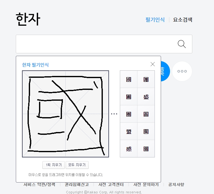 검색창에 자동으로 입력된 한자와 검색 버튼