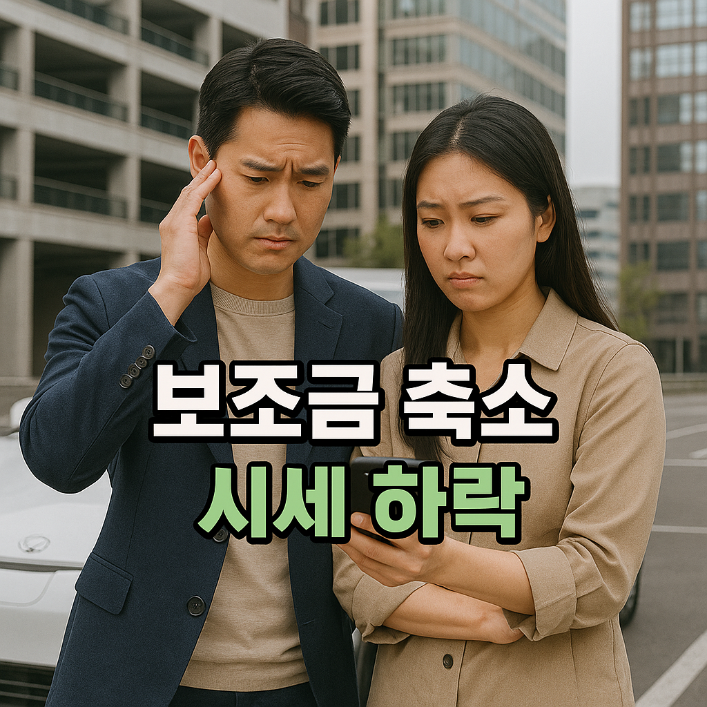 도심 주차장에서 중고 전기차 시세를 확인하며 고민하는 한국인 커플