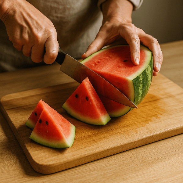 도마 위에 수박을 자르는 이미지