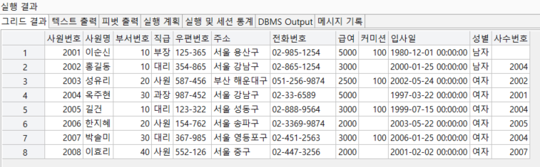 테이블 실행 결과