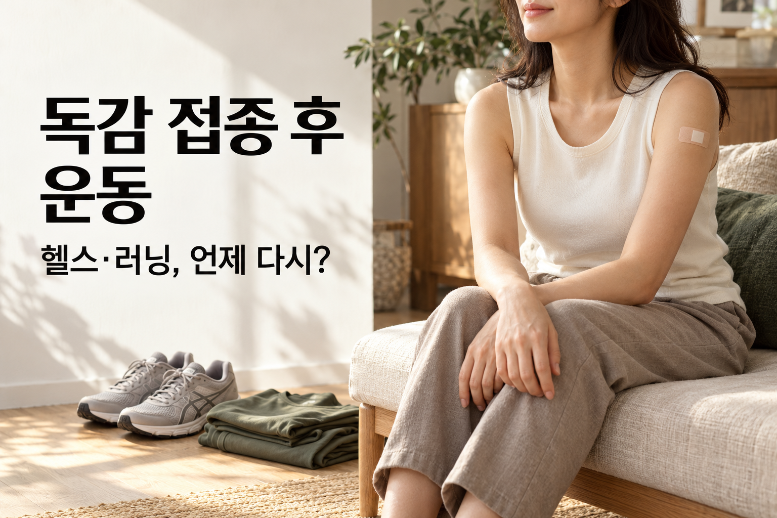 어깨에 작은 접종 밴드를 붙이고 운동복 옆에서 쉬는 여성과 독감 접종 후 운동 안내 제목