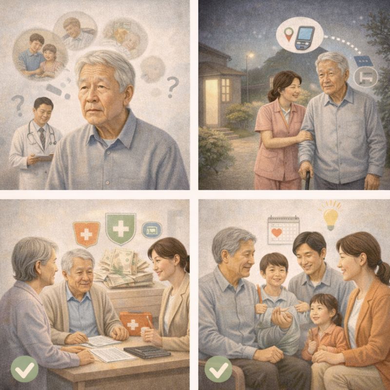 치매 환자를 돌보는 가족과 의료진, 복지 서비스를 받는 장면