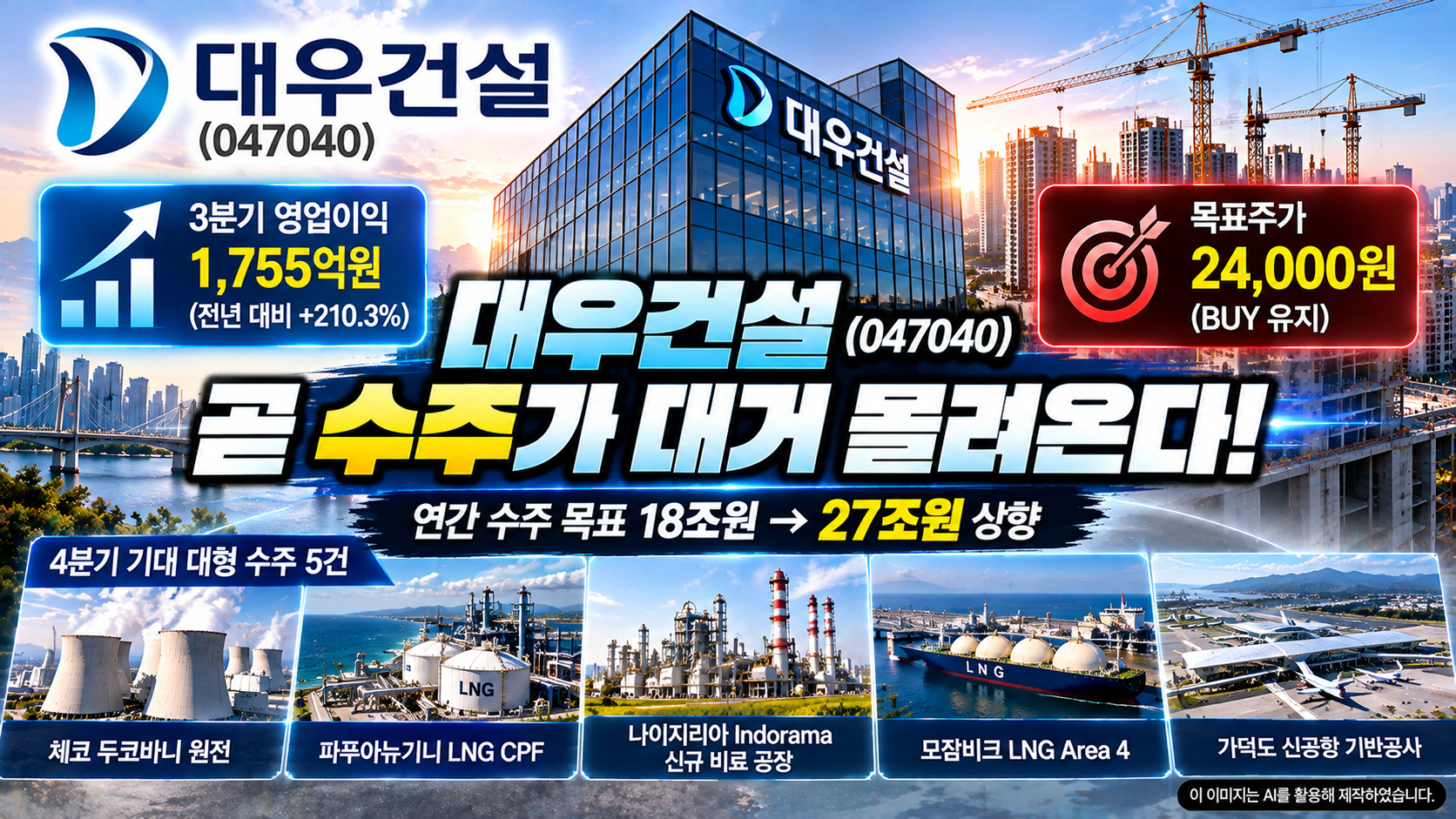 대우건설(047040) 기업분석, 2026년 3분기 영업이익 1,755억원 전망과 연간 신규수주 목표 27조원 상향, 체코 원전·모잠비크 LNG·가덕도 신공항 등 4분기 대형 프로젝트