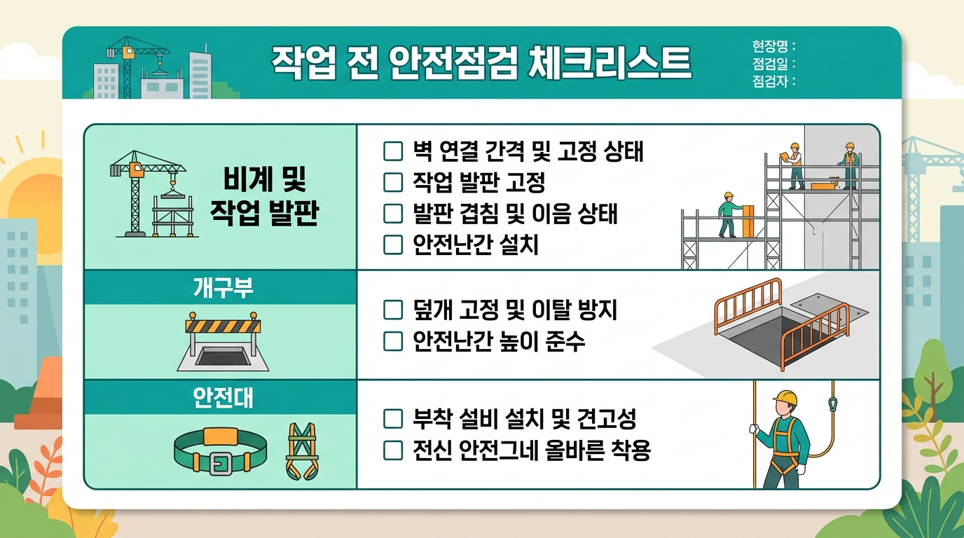 건설현장 추락방지 작업 전 5분 체크리스트 — 비계·개구부·안전대 확인표