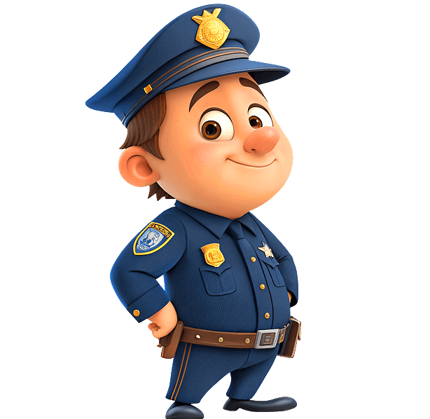 파란색 경찰복을 입은 남자 경찰이 허리에 두 손을 차고 미소를 짓고 있다.