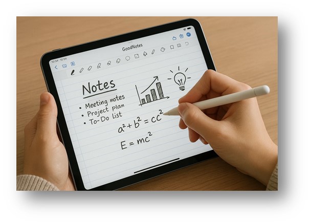 수업시간에 굿노트와 스타일러스 펜을 사용하여 수업 내용을 받아 적고 있는 학생의 모습