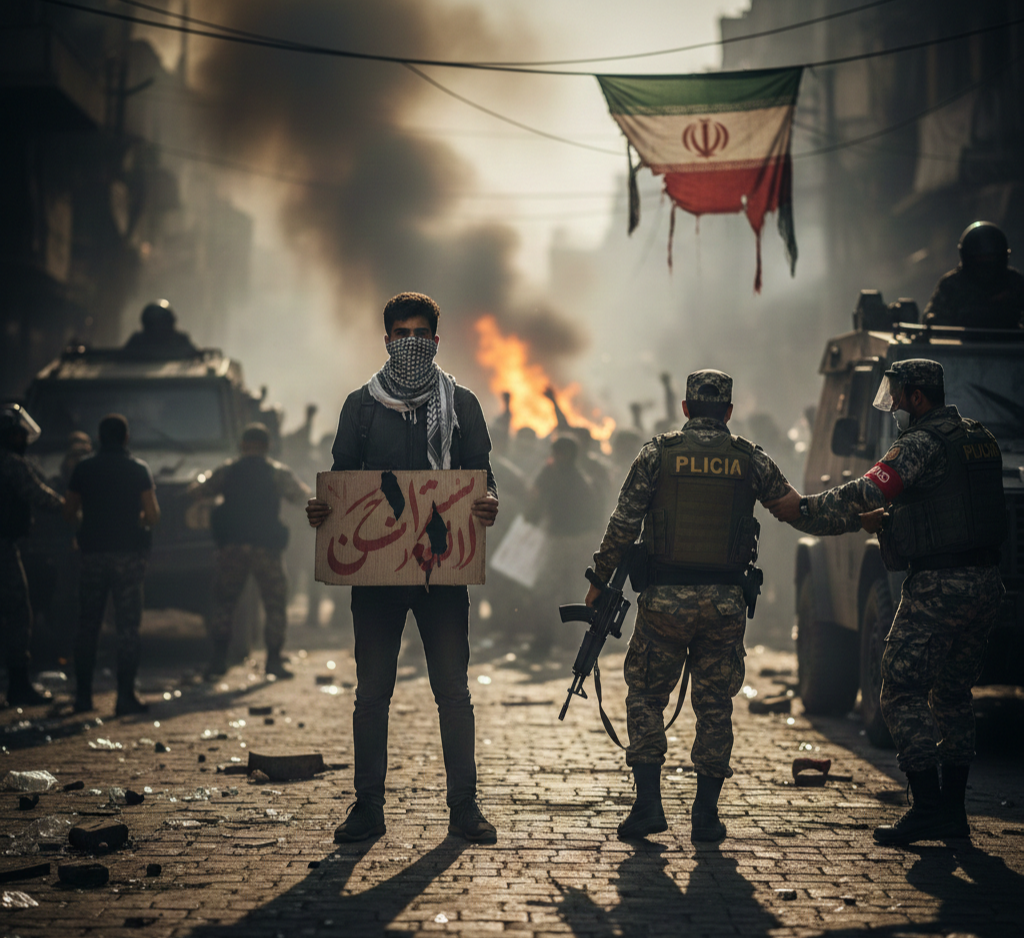 혼란스러운 시위 현장 중심에서 팻말을 들고 서 있는 마스크를 쓴 남성과 그 주변을 경계하는 무장 경찰들의 모습. 배경에는 찢어진 이란 국기와 불길이 보입니다.